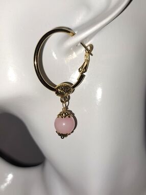 14K Gold Over Stainless Steel Hoop Leverback Earrings Pink Opal Dangle Bead